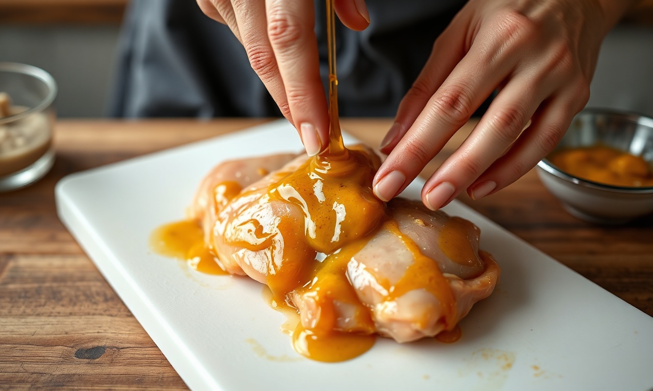Mãos aplicando a marinada de mostarda e mel nos filés de frango.