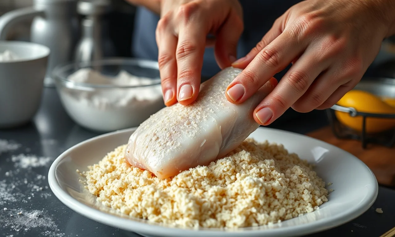O momento de empanar o peixe