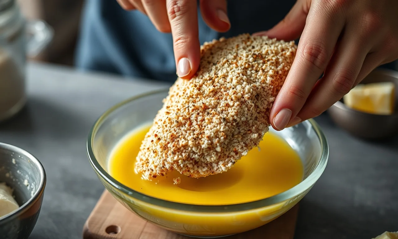 O momento de empanar os filés no ovo e na farinha panko.