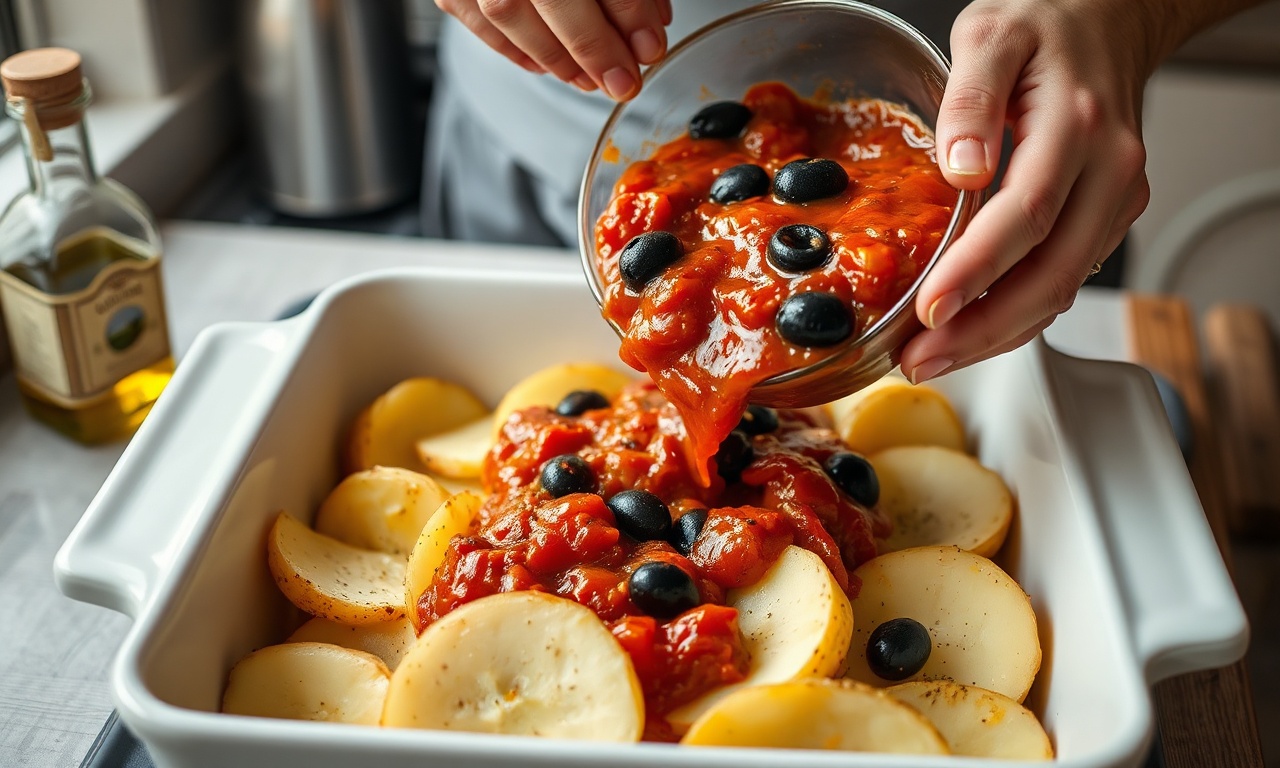 Despejando o molho de tomate sobre as batatas na assadeira
