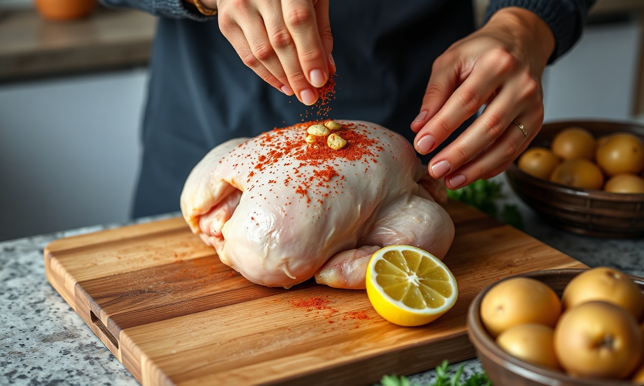 Temperando o frango com alho, páprica e limão antes de ir ao forno.