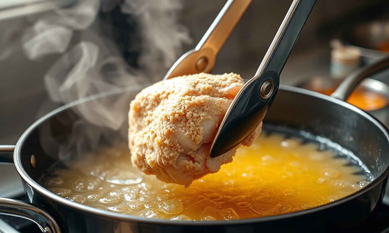 O momento da fritura do frango no óleo quente, com bolhas douradas.