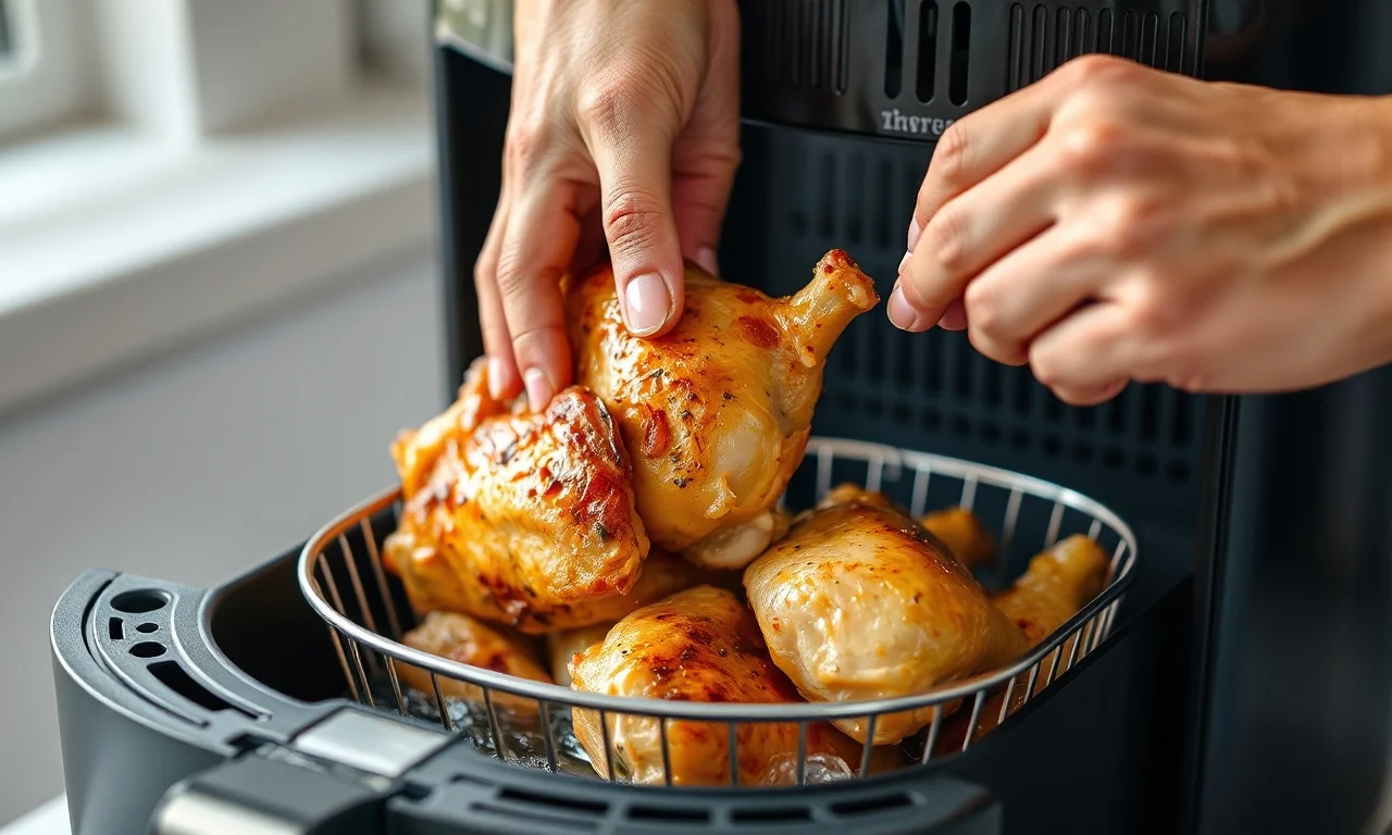Como Esquentar Frango Assado: Fofinho E Crocante Em 15 Min 5 Frango sendo colocado na cesta da Airfryer com gotas de água no fundo.