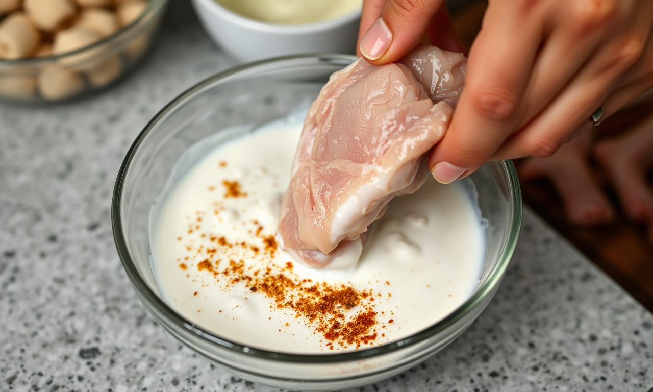 Mergulhando as tiras de frango na marinada cremosa de iogurte.