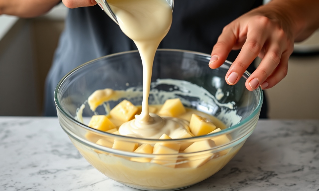 Misturando a base cremosa do gelado com o chocolate branco derretido e os cubos de abacaxi.