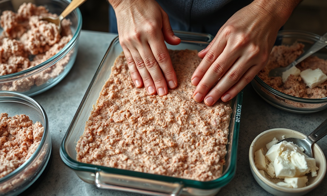 Kibe De Forno Com Catupiry: Receita Prática E Cremosa 5 Montagem das camadas de massa e recheio na forma.