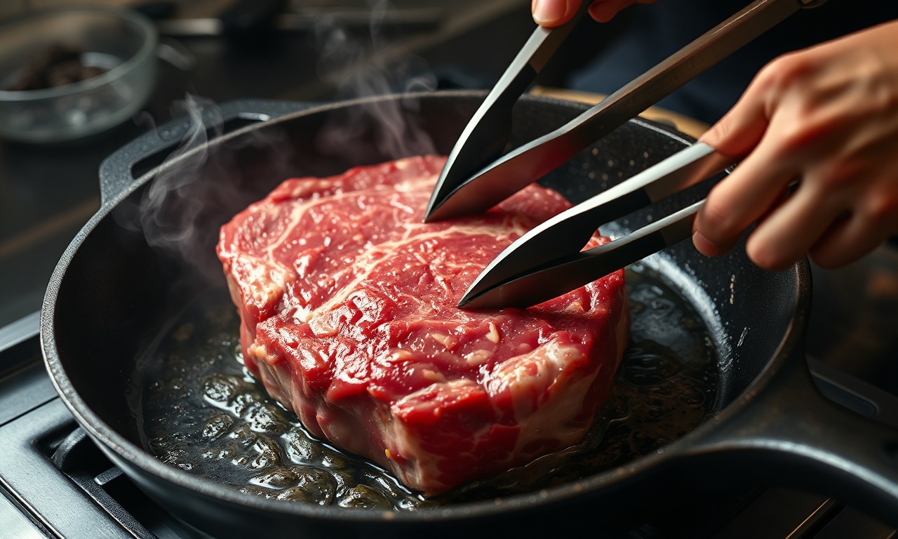 O momento de selar a carne na panela antes do cozimento longo.