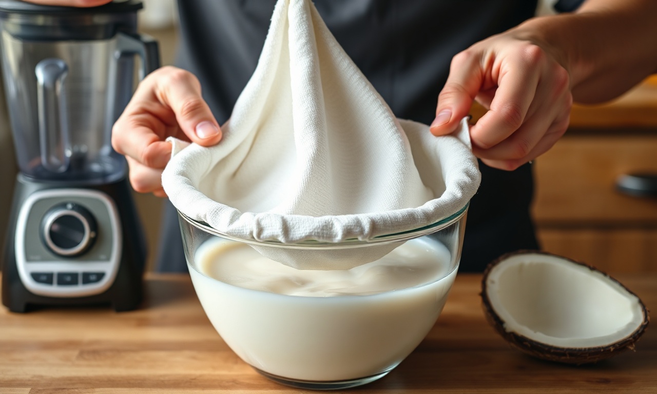 Leite De Coco Caseiro: Cremoso Em 20 Minutos Com 2 Ingredientes 5 A mistura branca e espumosa de coco e água sendo coada por um pano de prato fino sobre uma tigela.