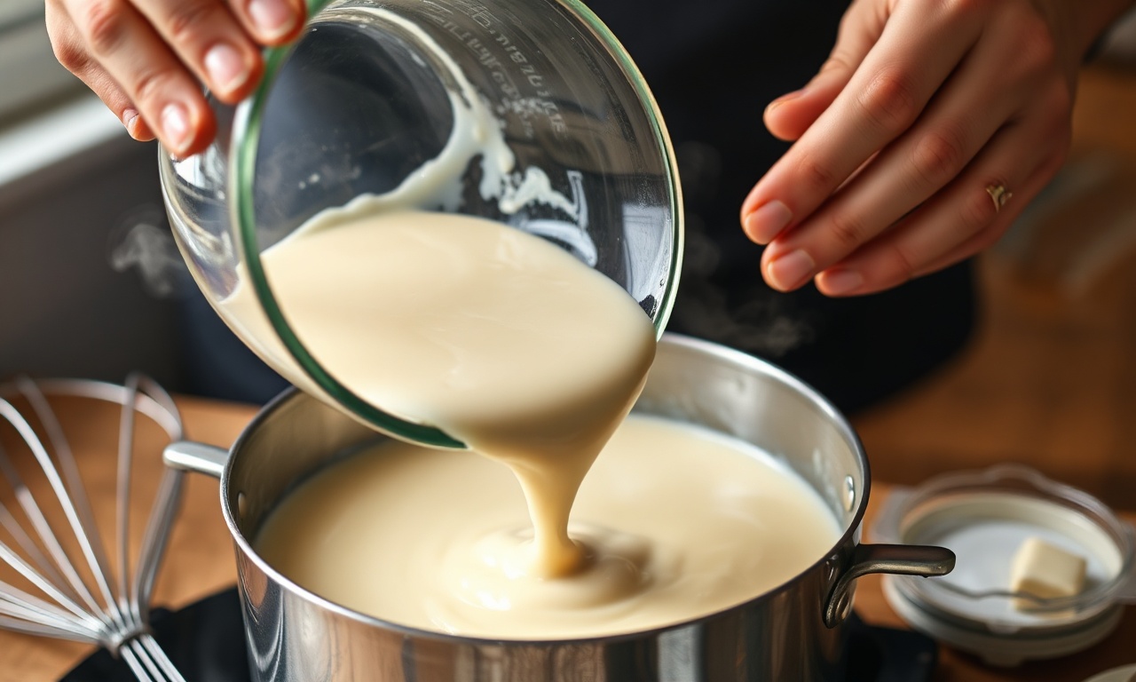 Chocolate branco derretido sendo incorporado ao leite condensado na panela