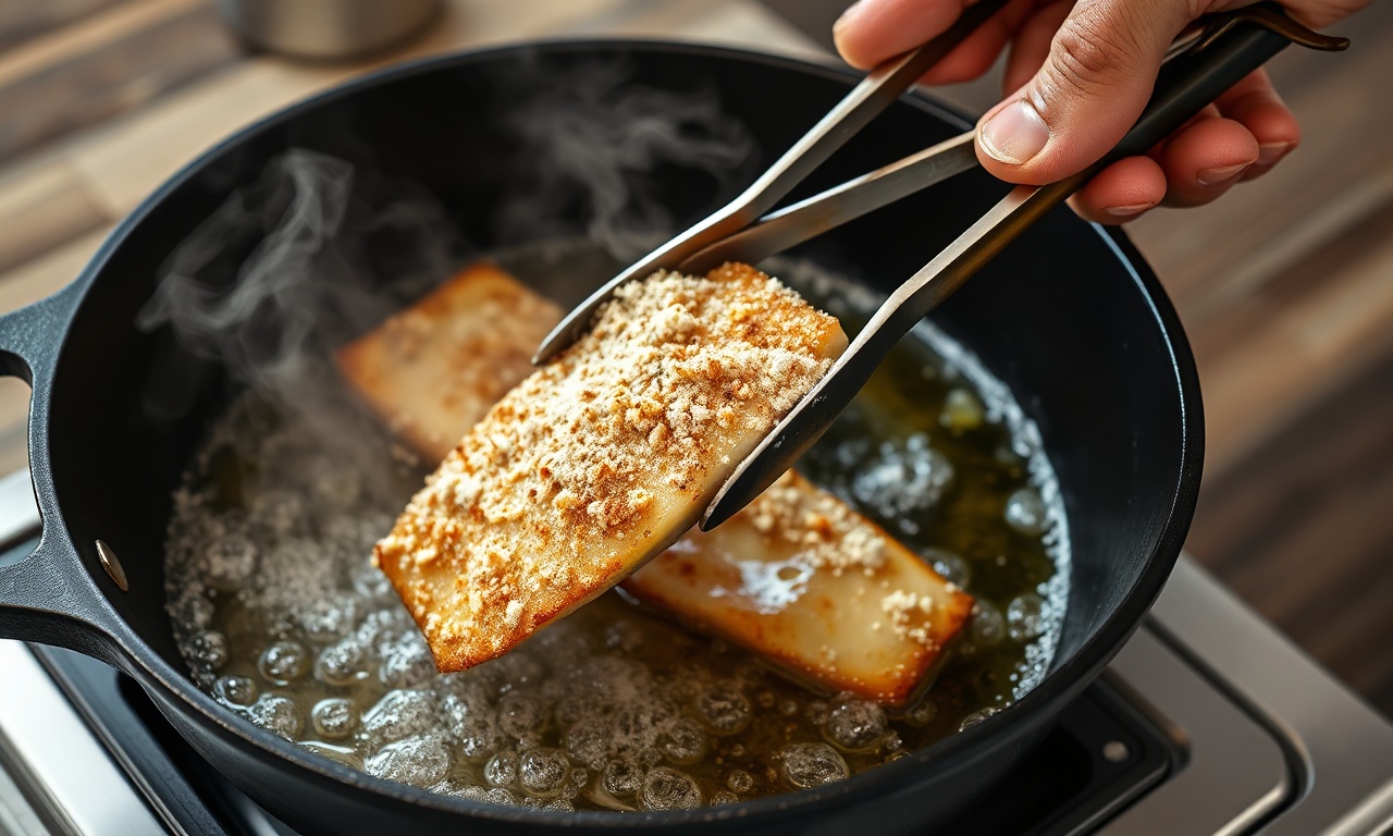 Linguado Empanado Com Panko: Fofinho Por Dentro, Crocante Por Fora 5 O momento da fritura dos filés na frigideira com o óleo borbulhante.
