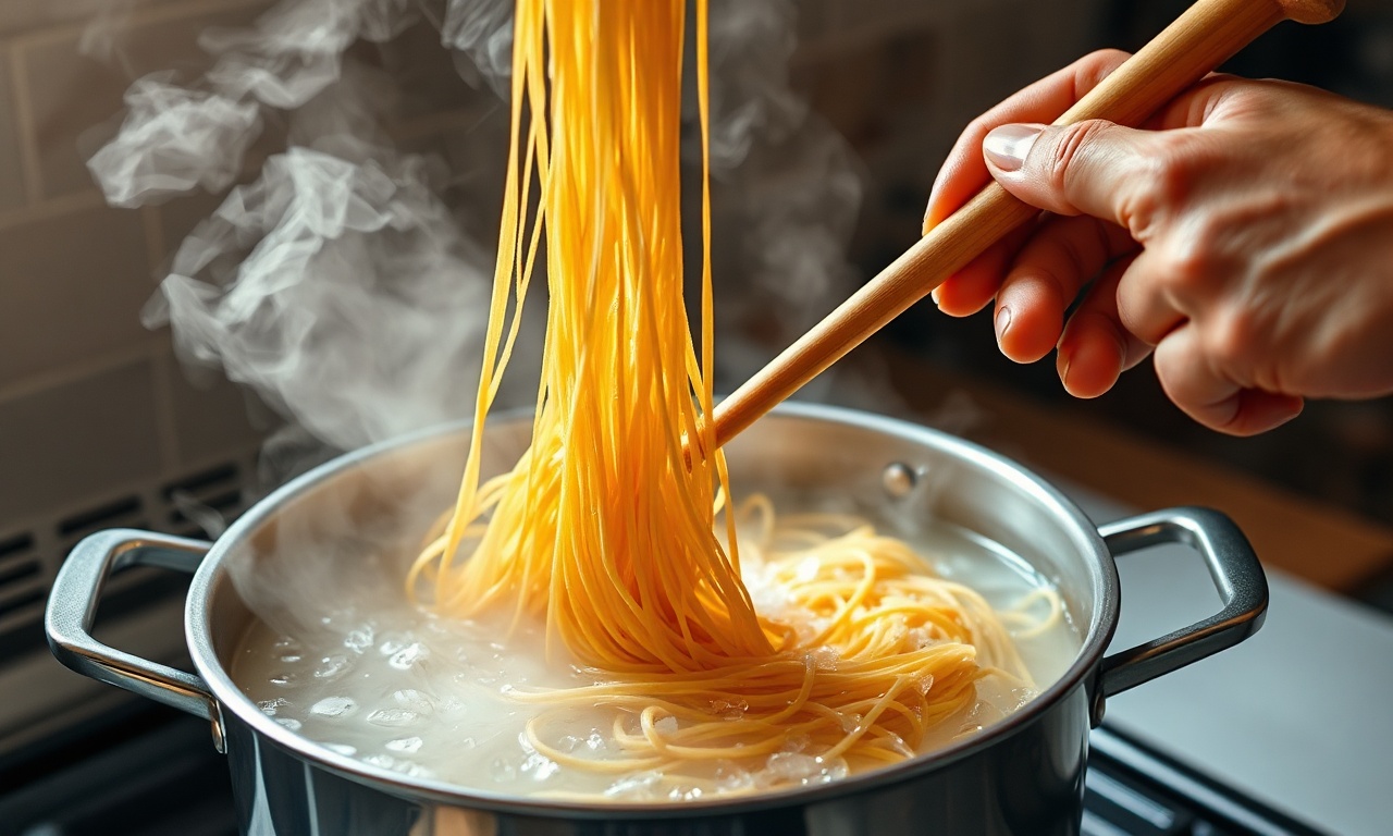 Macarrão sendo colocado em panela com água borbulhante e mexido com colher de pau