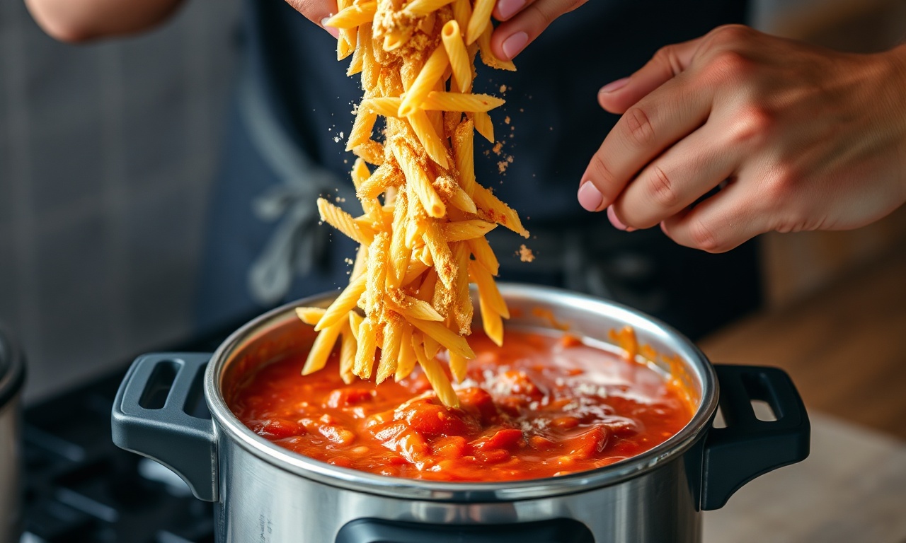 Macarrão Na Panela De Pressão Cremoso E Pronto Em 10 Minutos 5 O macarrão cru sendo adicionado ao molho na panela