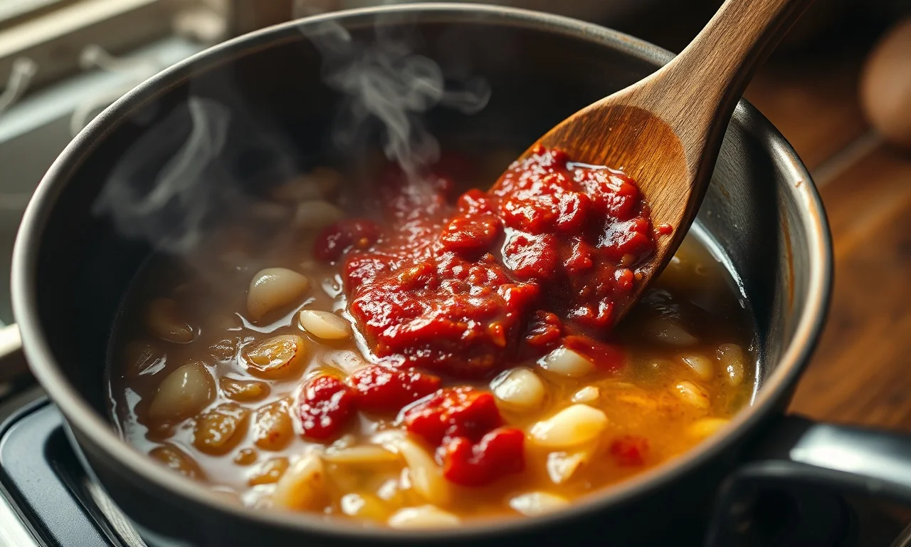 Refogando o extrato de tomate no óleo de dendê com cebola e alho.