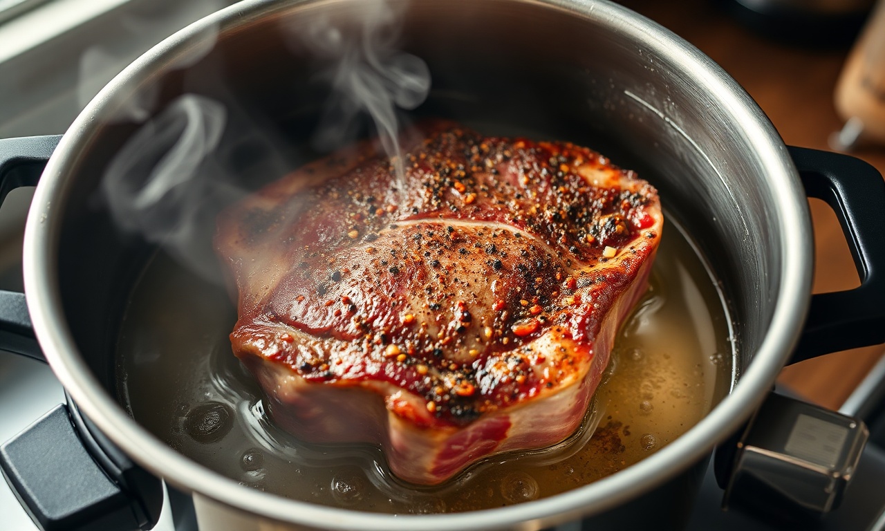 O selamento da carne dourando na panela de pressão.