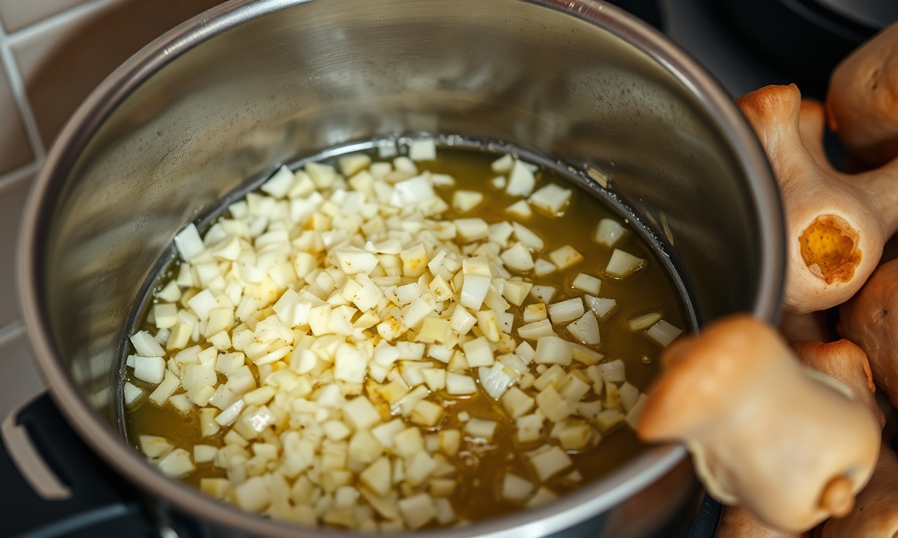 Refogando a cebola e o alho na panela.