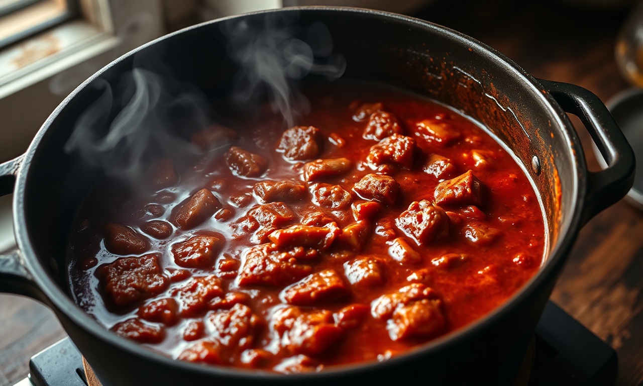 O ragù de carne cozendo lentamente em uma panela, com cores profundas e vapor subindo.