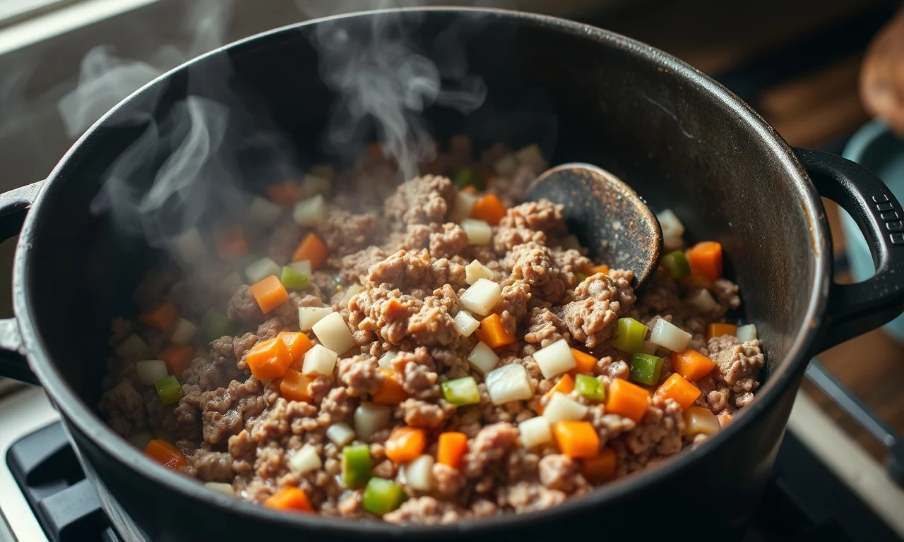 Macarrão Para 50 Pessoas: Receita Completa E Cálculo Exato 5 Refogando a carne moída com os vegetais em uma panela grande.