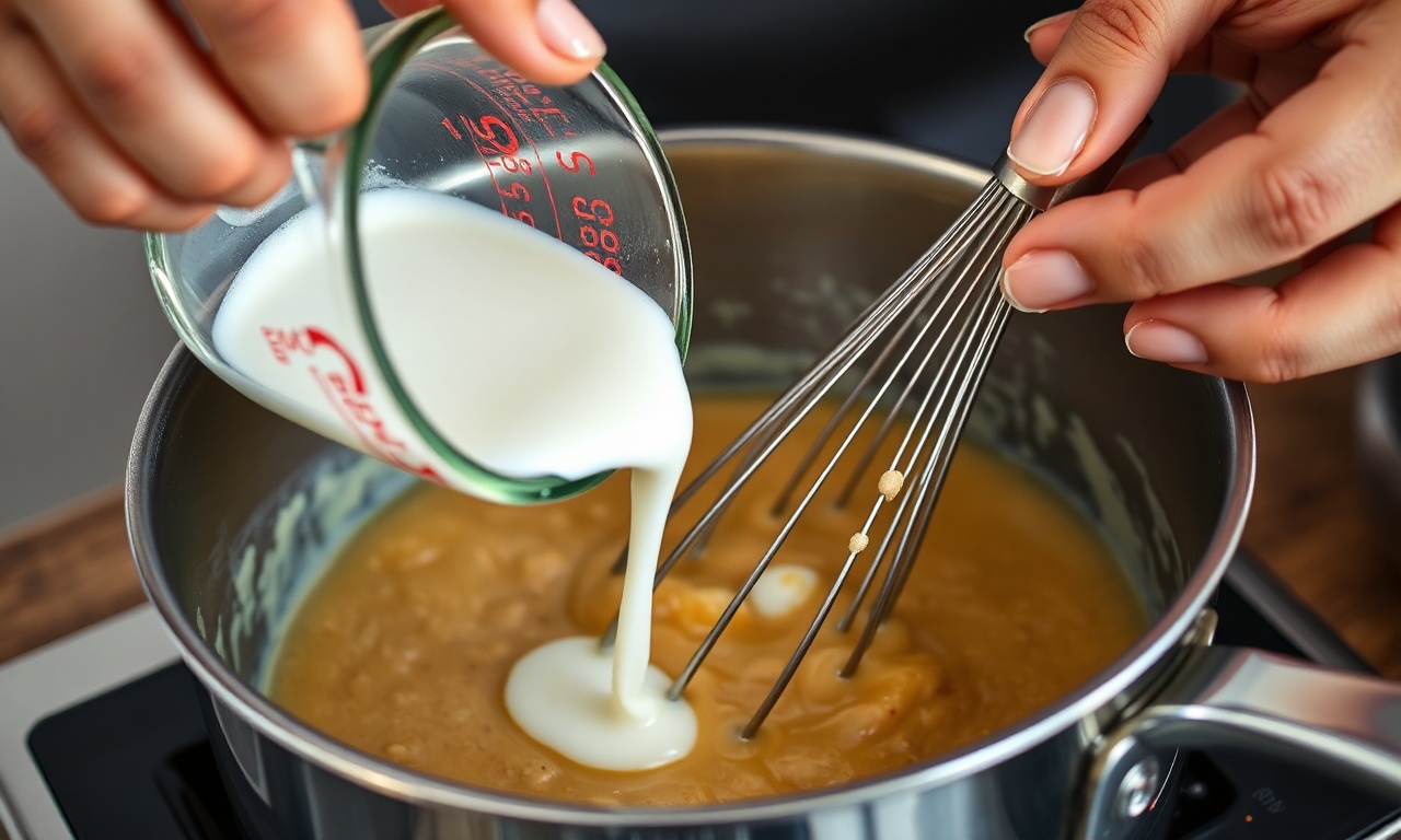 O momento de adicionar o leite frio ao roux e mexer com fouet