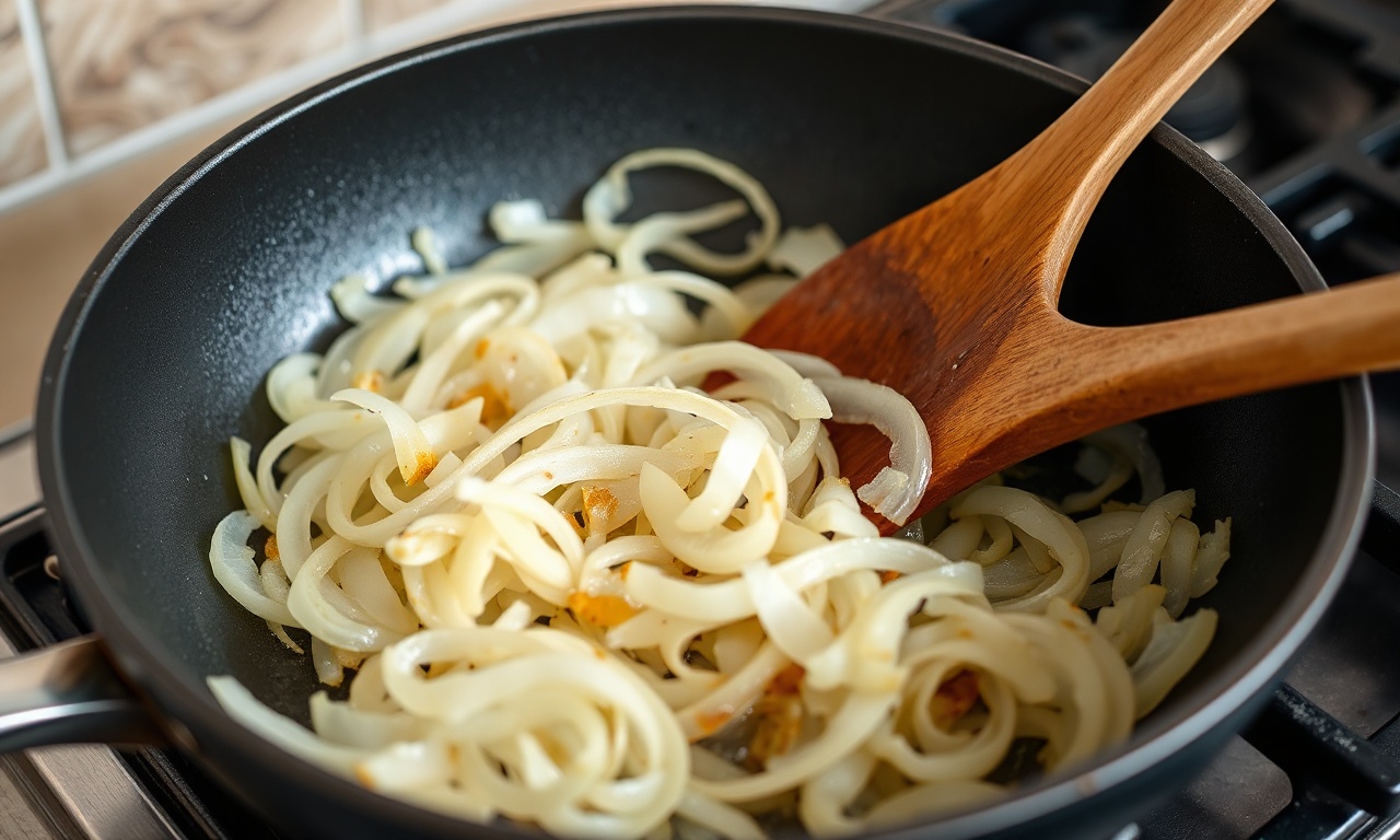 Cebolas fatiadas sendo caramelizadas lentamente na manteiga em uma panela.