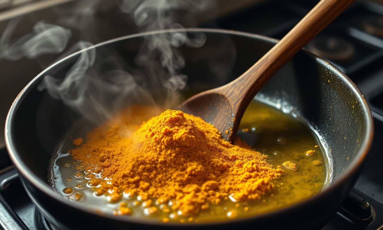 O momento de tostar o curry em pó no óleo quente.