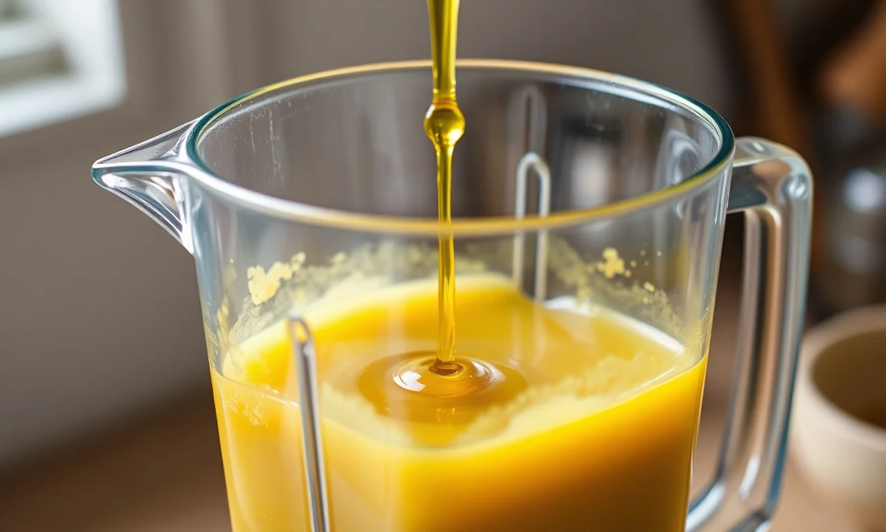 O momento em que o azeite é adicionado em fino fio ao liquidificador para emulsionar o molho.