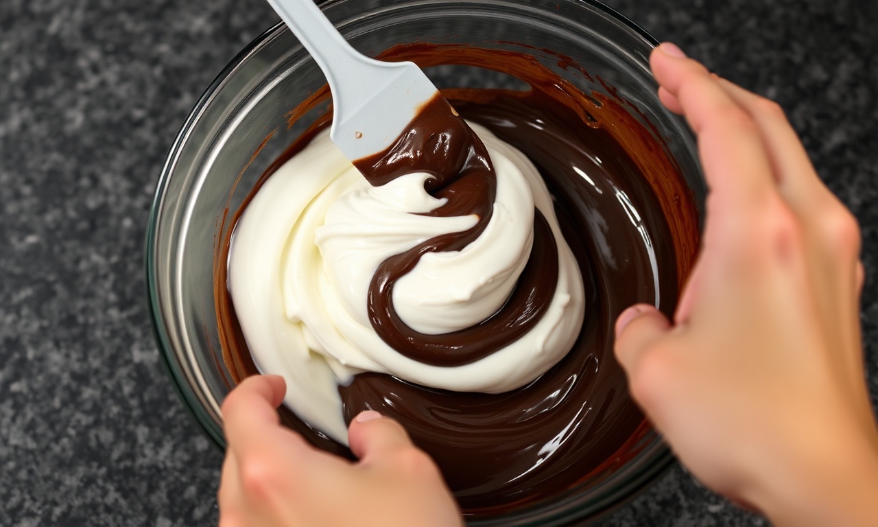 Incorporação das claras em neve ao creme de chocolate em movimentos suaves