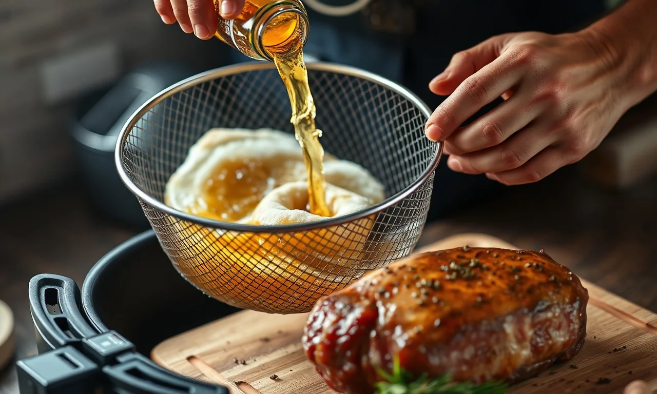 Despejando cerveja no fundo da cesta da airfryer antes de adicionar a carne.