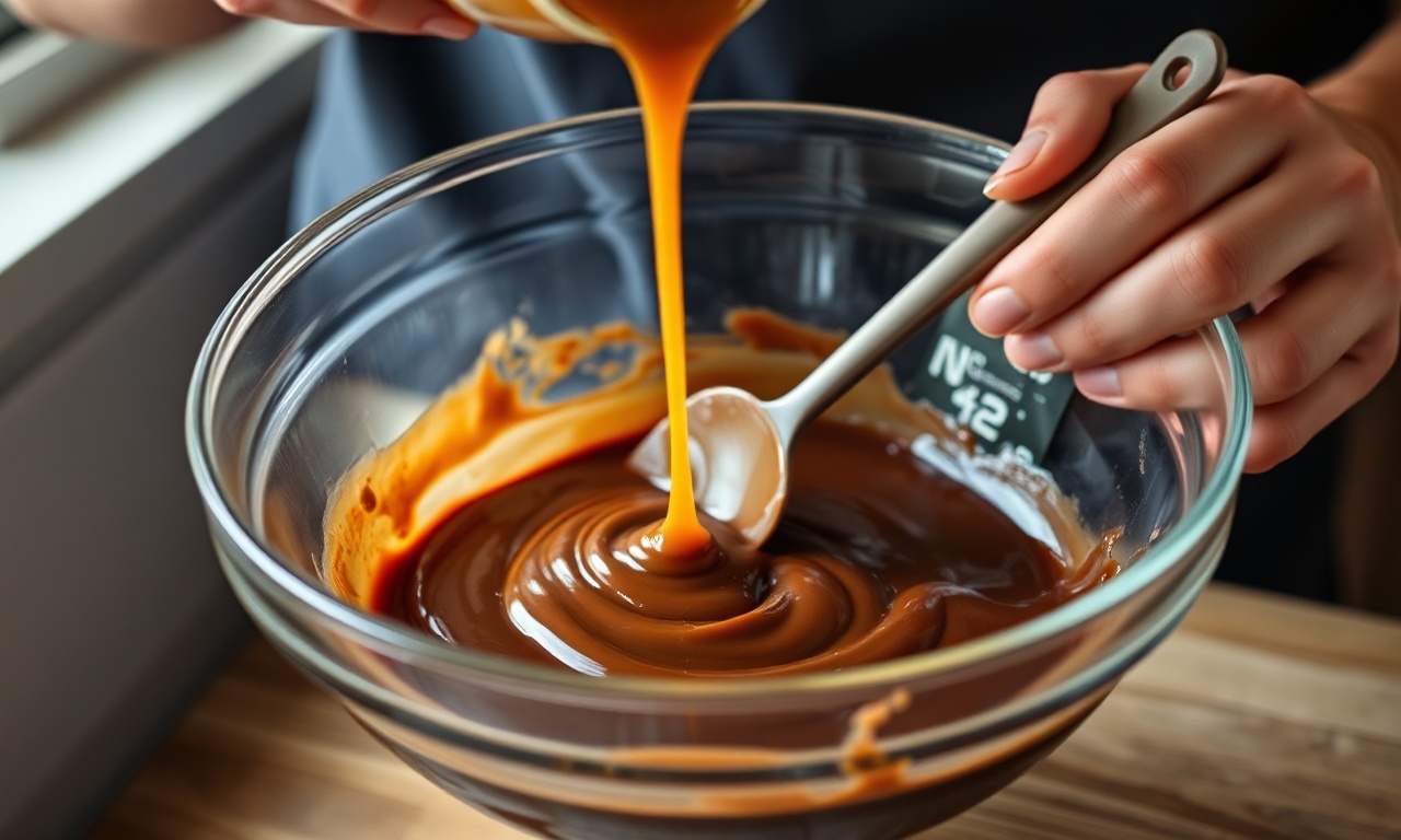 Despejando o doce de leite morno sobre o chocolate derretido