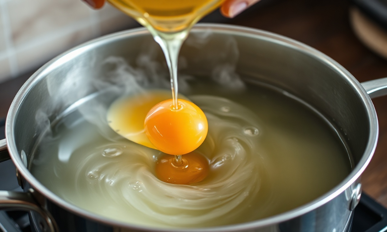 O momento de cozinhar o ovo pochê na água com vinagre