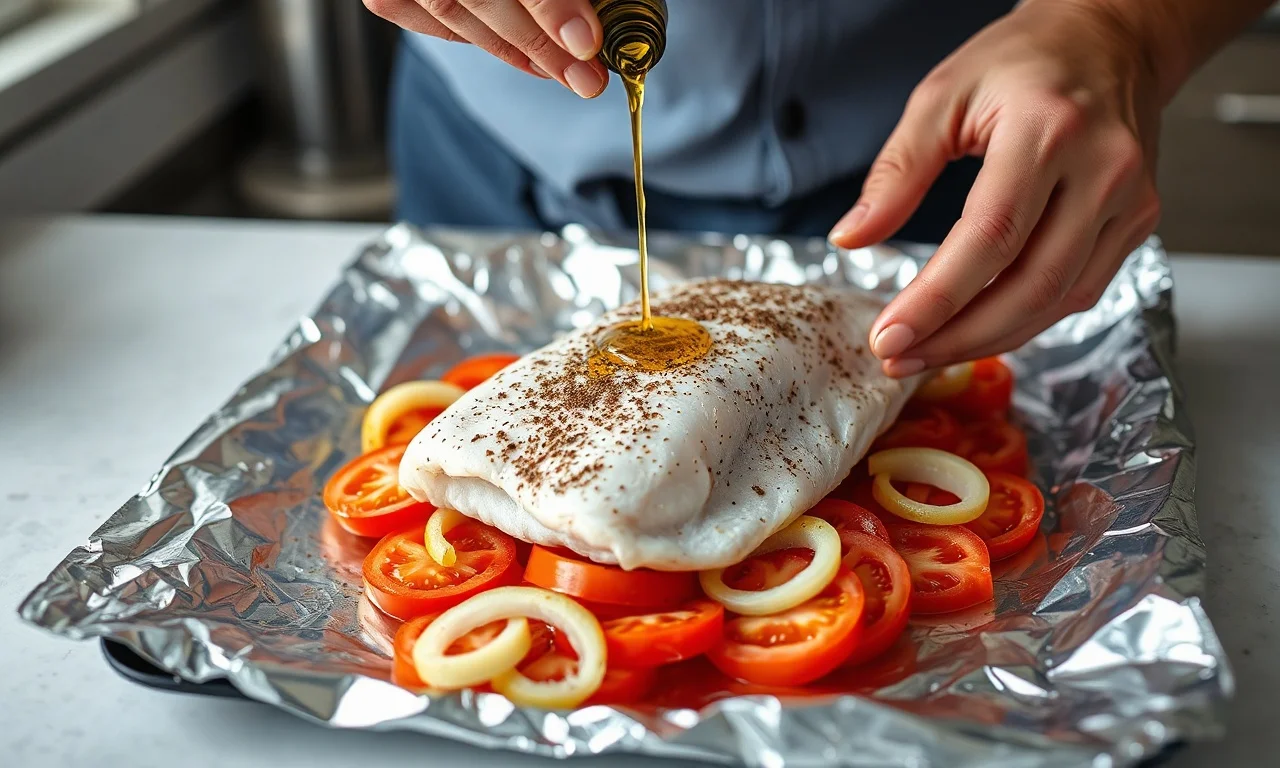 Montagem do pacote com o peixe sobre a cama de legumes antes de selar.