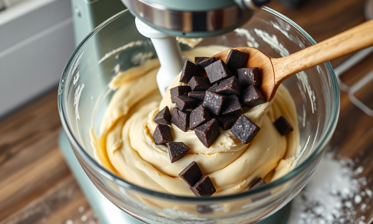 A massa elástica sendo finalizada na batedeira com os pedaços de chocolate.