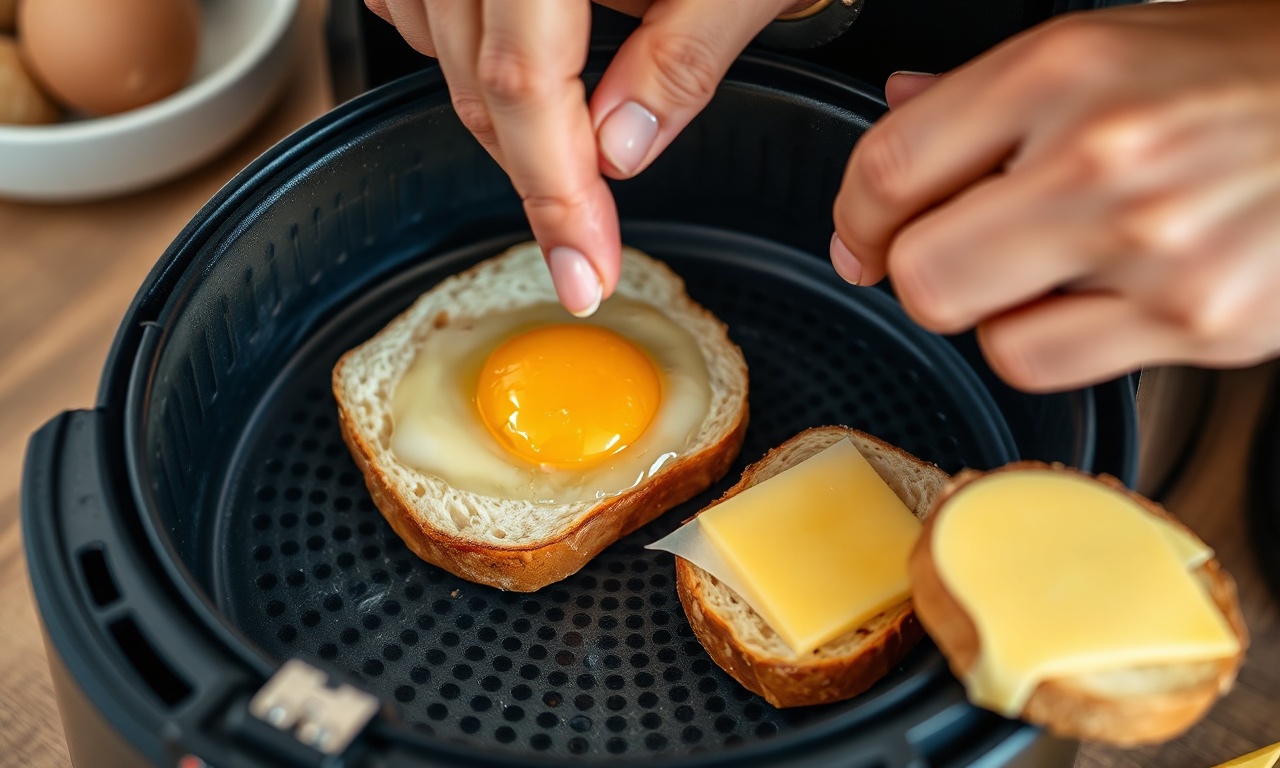 Pão Com Ovo E Queijo Na Airfryer: Pronto Em 10 Min Com Casquinha 5 Montagem do sanduíche dentro da cesta.