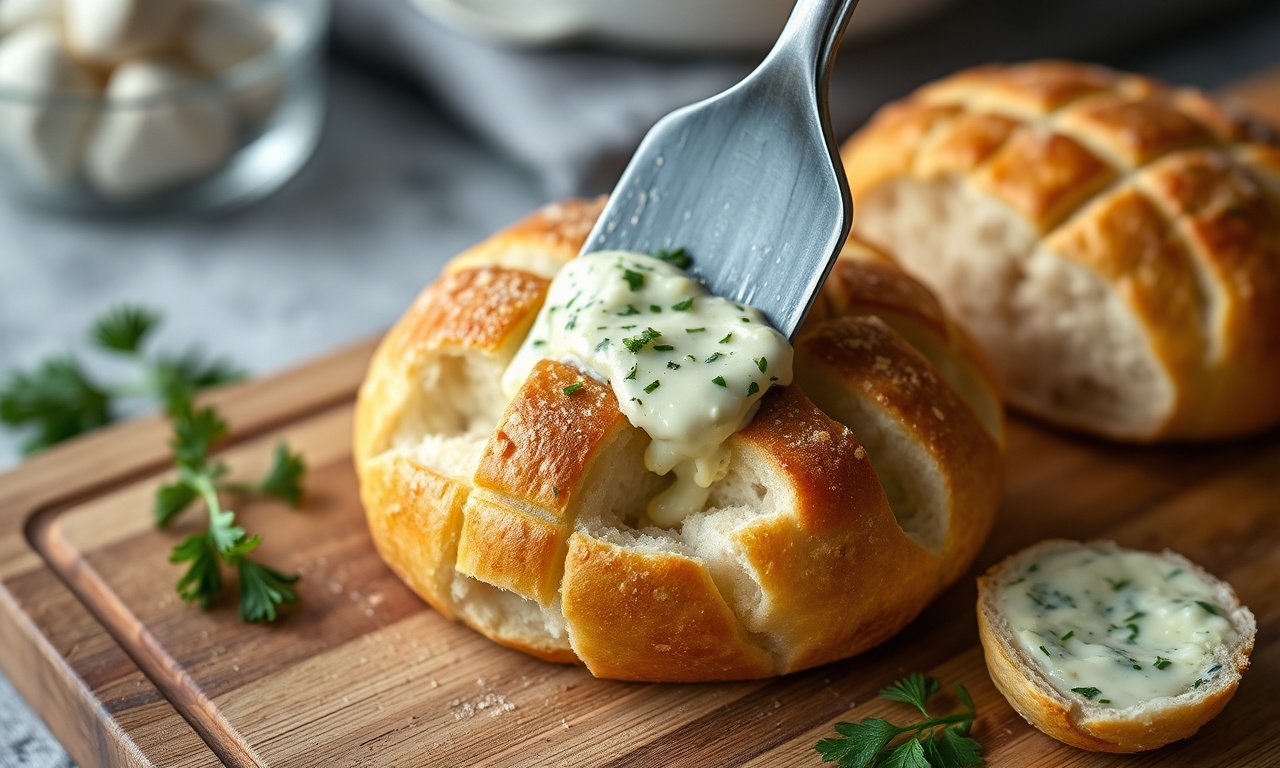 Espalhando a manteiga de alho nos cortes do pão