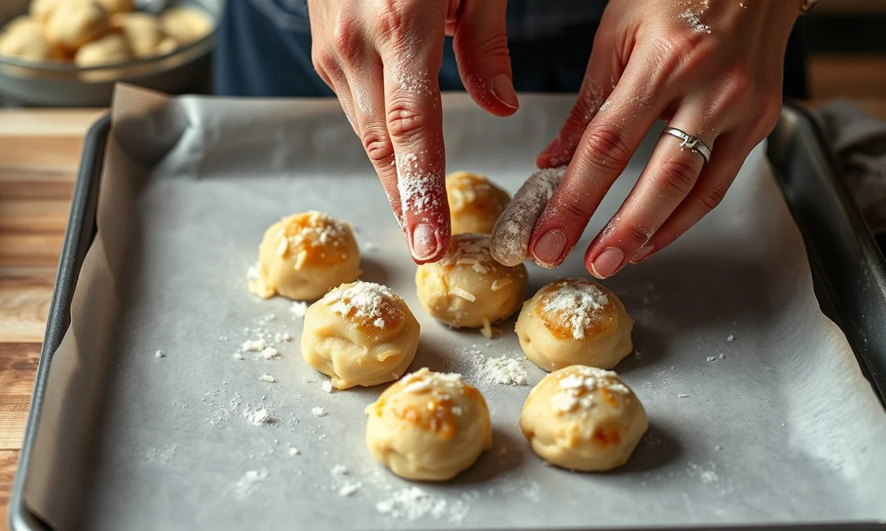Mãos moldando bolinhas de massa com queijo sobre assadeira forrada