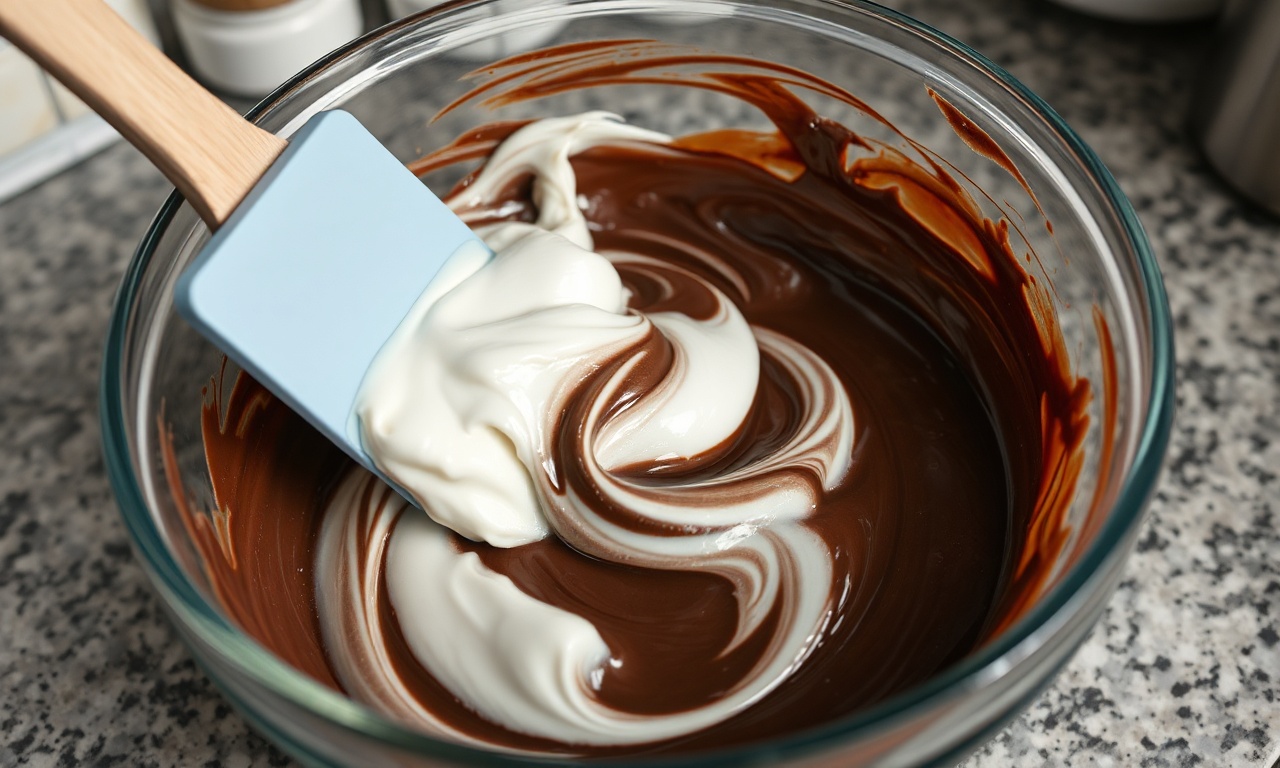 Incorporação delicada das claras em neve à massa de chocolate.