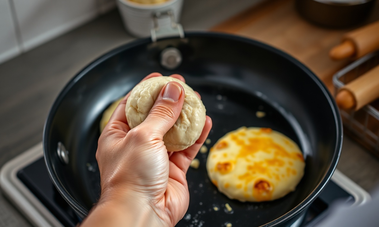 Modelagem das bolinhas e cozimento na frigideira quente.