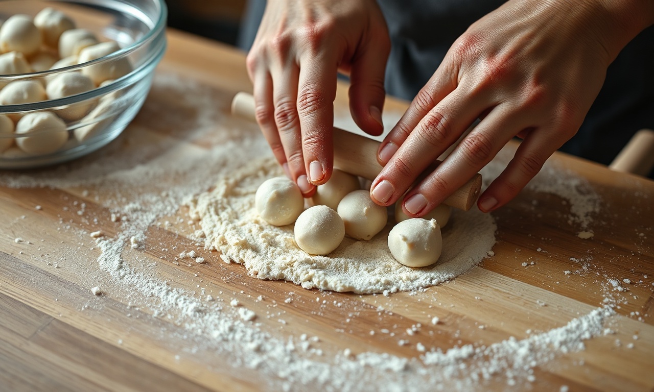 Pão De Queijo Fit De Tapioca: Fofinho Com 5 Ingredientes 5 Mãos moldando as bolinhas de massa de tapioca em uma superfície.