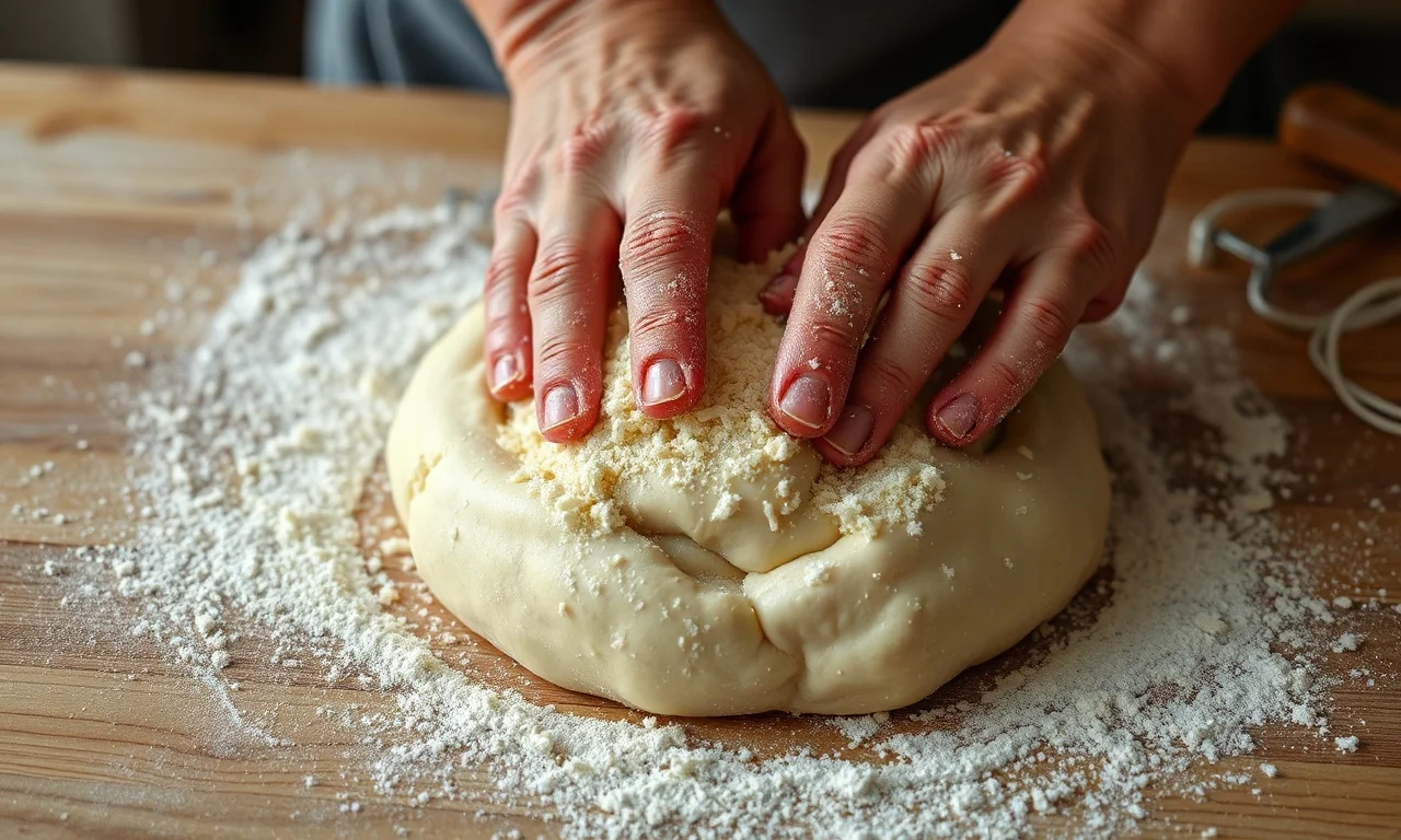 Mãos sovando a massa macia e incorporando o parmesão ralado grosso