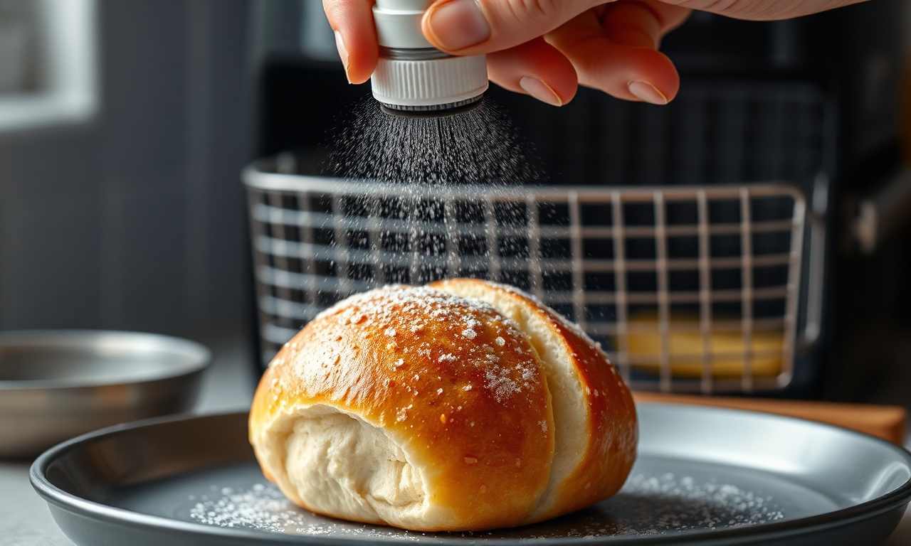 Pão Dormido Na Air Fryer: Crocante Em 5 Min (1 Ingrediente!) 5 Mão borrifando água sobre o pão antes de colocar na cesta.