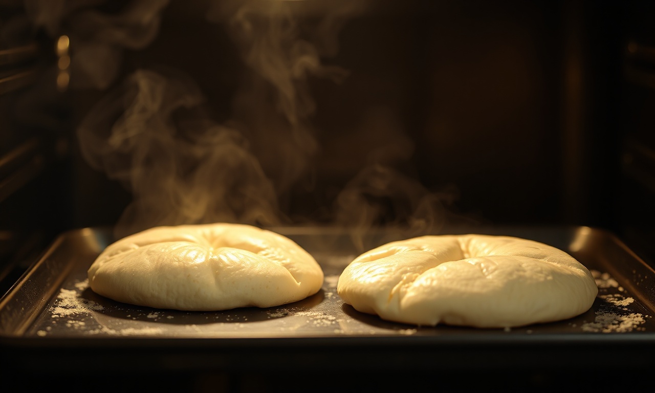O momento exato em que as pitas inflam no forno quente.