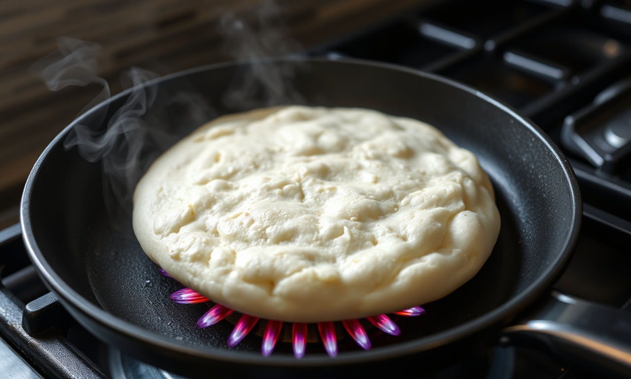 O momento em que o pão infla e forma bolhas na frigideira quente.