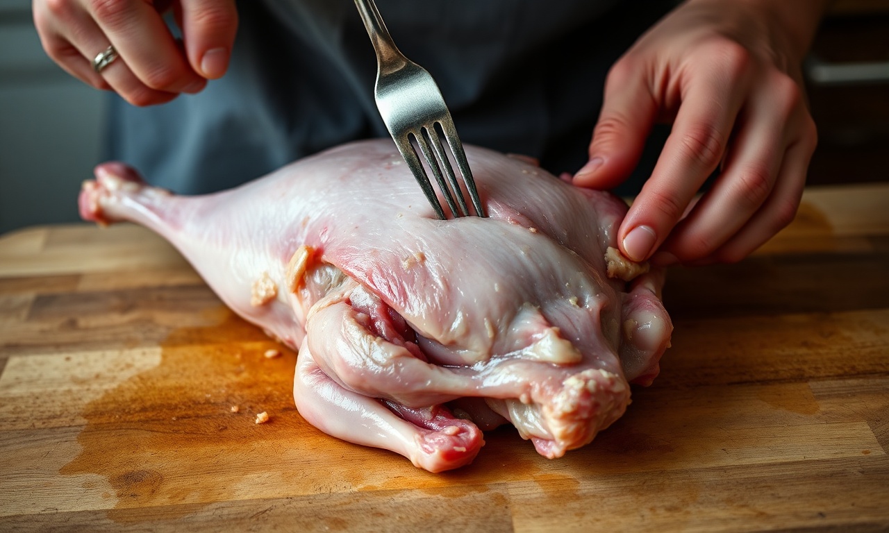 O momento de perfurar a pele do pato com um garfo antes de temperar.