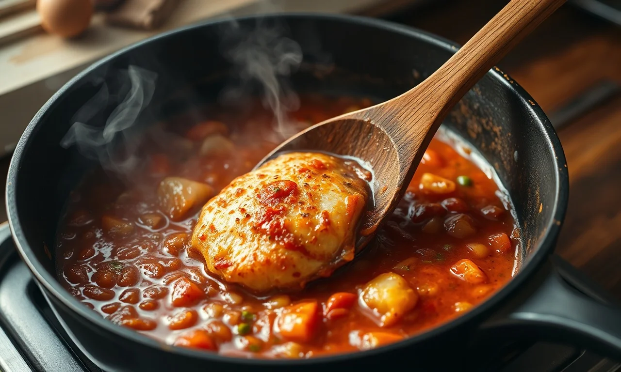 Peixe sendo virado no caldo grosso de tomate na panela.