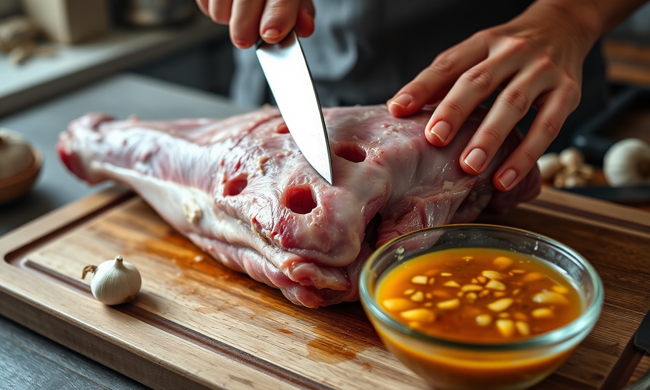 O momento de furar a carne e aplicar a marinada.
