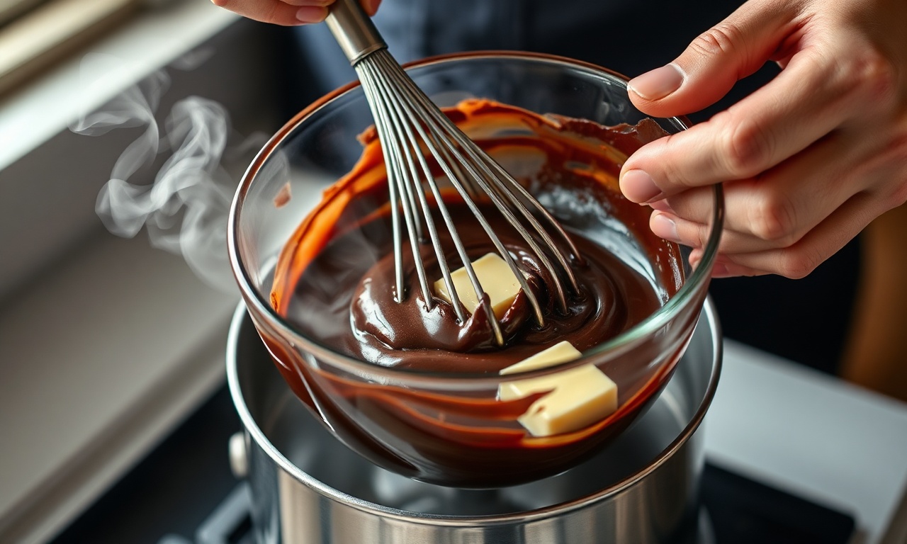 Derretendo chocolate e manteiga em banho-maria, o passo-chave da receita.