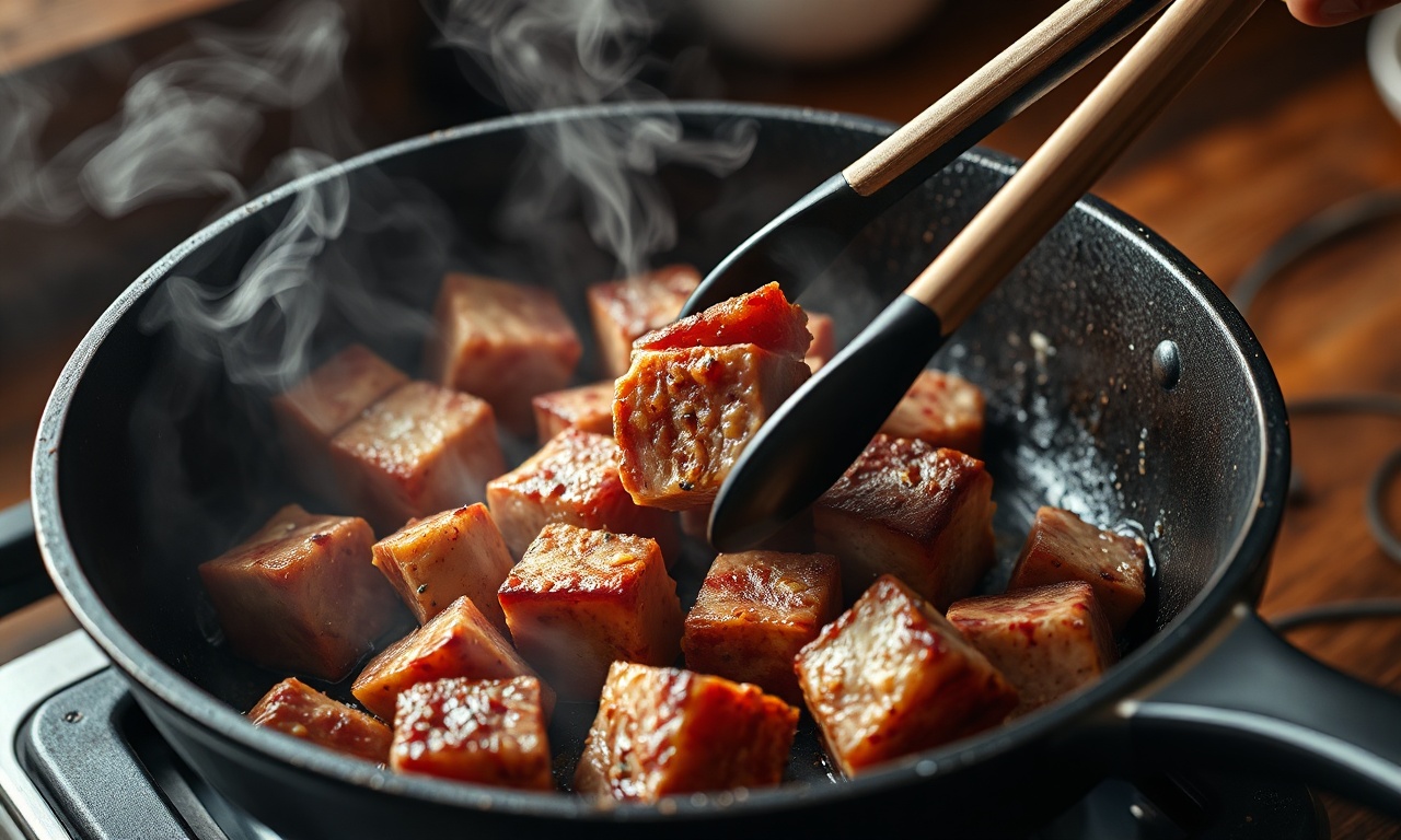 Selando os cubos de carne em uma panela de fundo grosso.