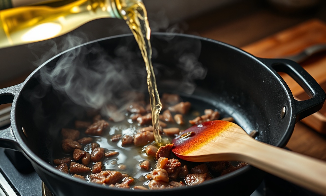 O momento de deglaçar a panela com vinho branco, soltando os pedacinhos dourados da carne.