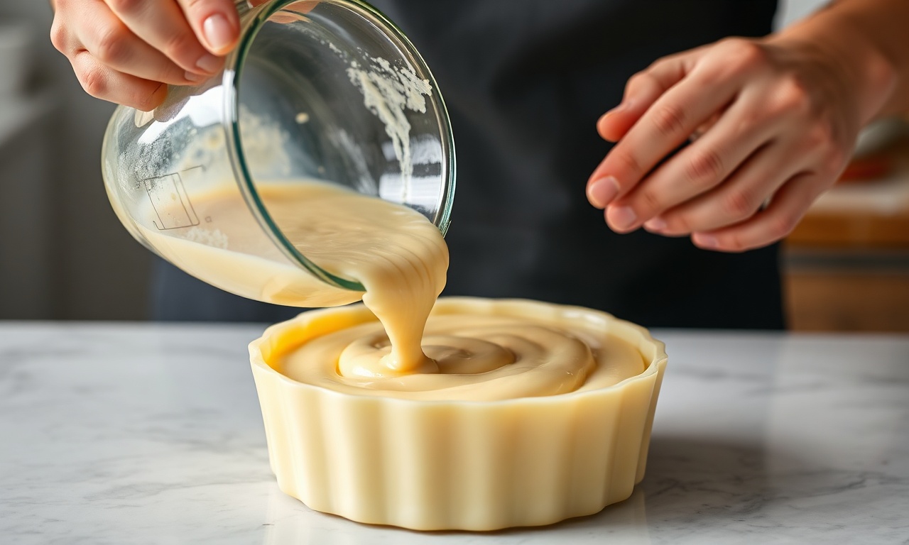 O momento de bater os ingredientes no liquidificador, com a mistura cremosa sendo despejada na forma.