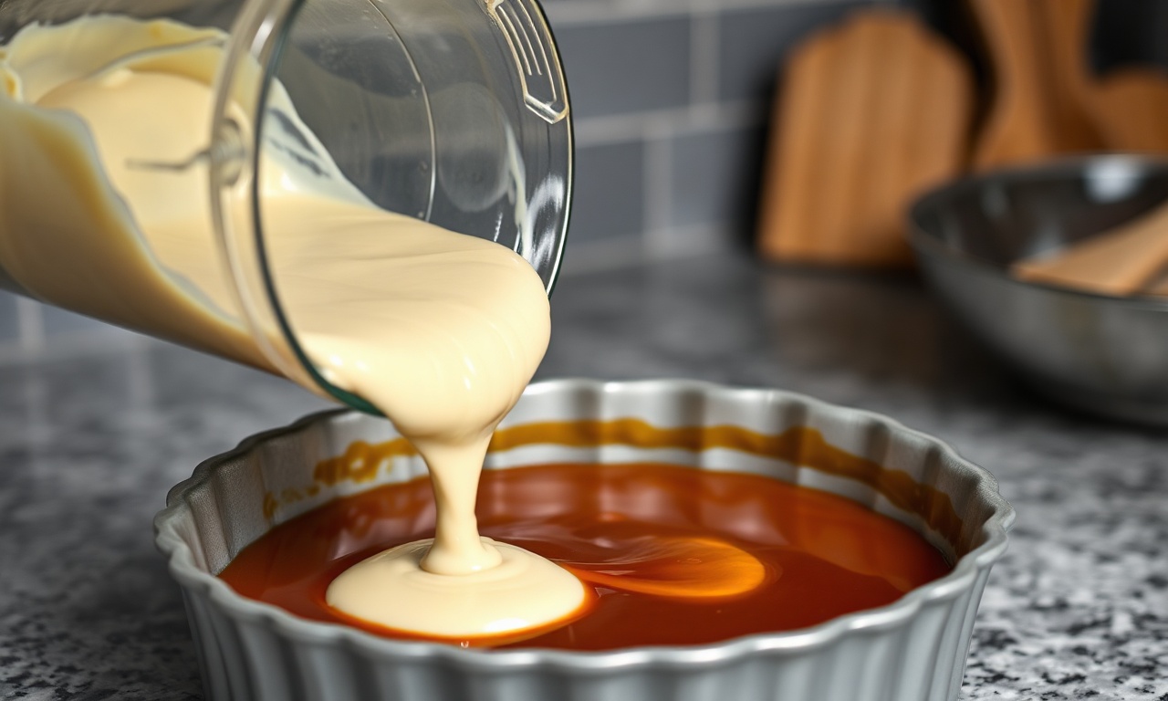 Massa sendo despejada sobre a calda caramelada na forma.