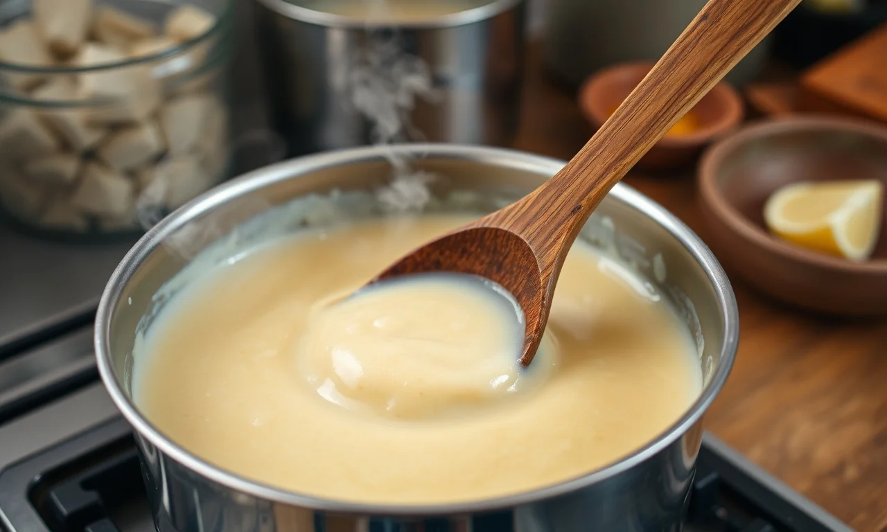 O momento de mexer o creme de tapioca na panela no fogão.